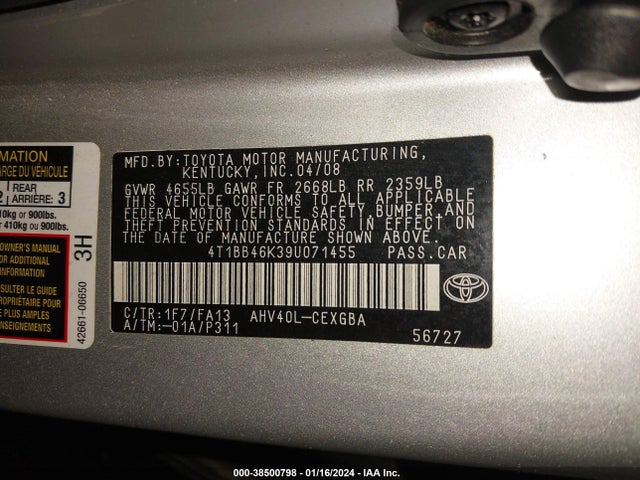 2009 TOYOTA CAMRY HYBRID VIN: 4T1BB46K39U071455