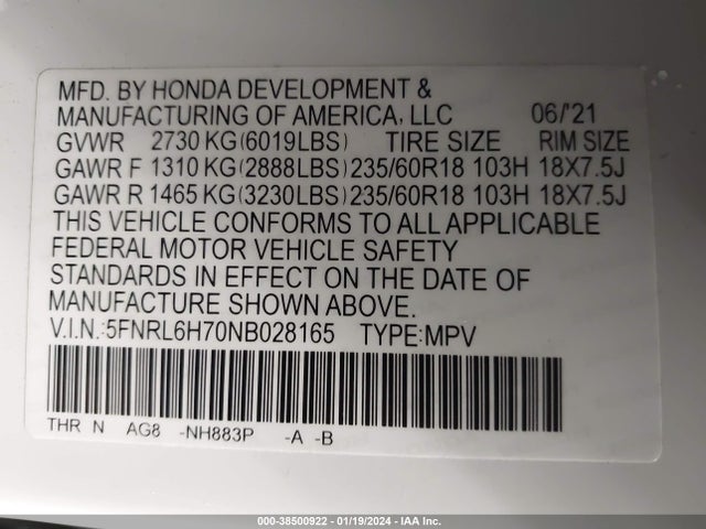 Honda Odyssey Ex-l 2022 5FNRL6H70NB028165 Image 9