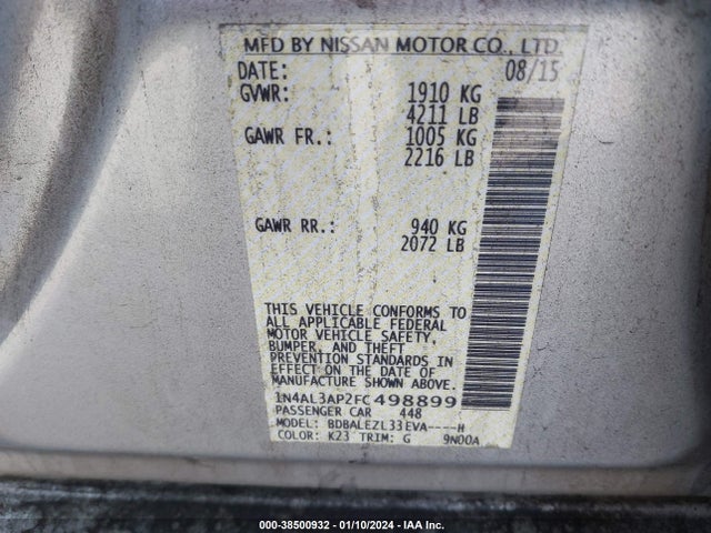 Nissan Altima 2.5 S 2015 1N4AL3AP2FC498899 Image 9