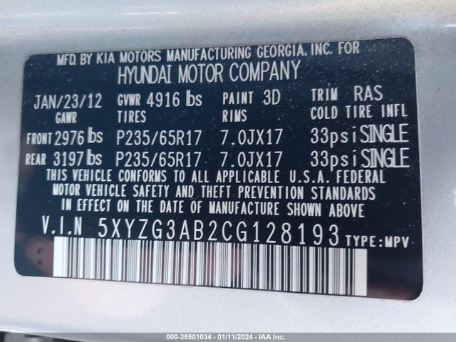 2012 HYUNDAI SANTA FE GLS VIN: 5XYZG3AB2CG128193