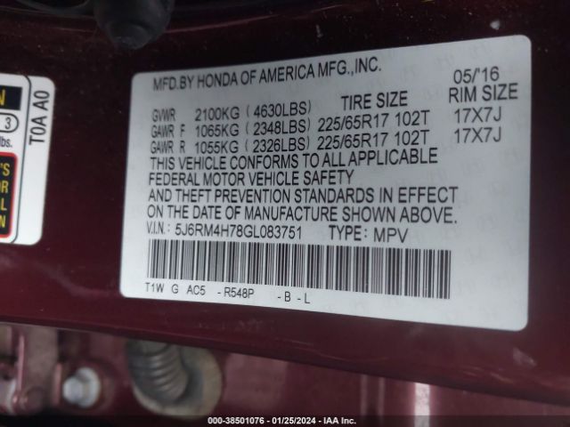 5J6RM4H78GL083751 Honda Cr-v Ex-l
