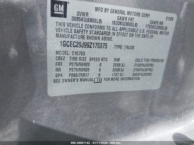 2009 CHEVROLET SILVERADO 1500 LT VIN: 1GCEC29J99Z175375