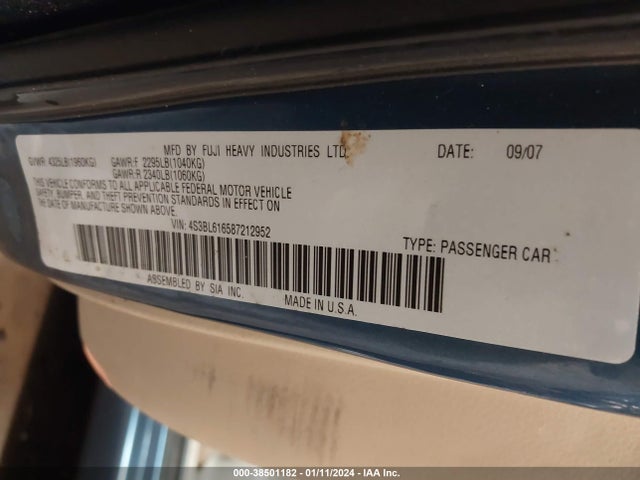 2008 SUBARU LEGACY 2.5I VIN: 4S3BL616587212952