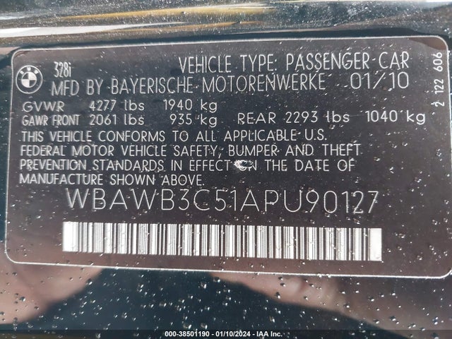 2010 BMW 328I VIN: WBAWB3C51APU90127