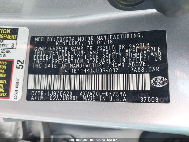Toyota CAMRY SE 2018 4T1B11HK1JU064037 Image 9