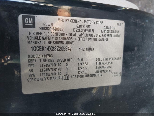 2008 CHEVROLET SILVERADO 1500 WORK TRUCK VIN: 1GCEK14X38Z205347