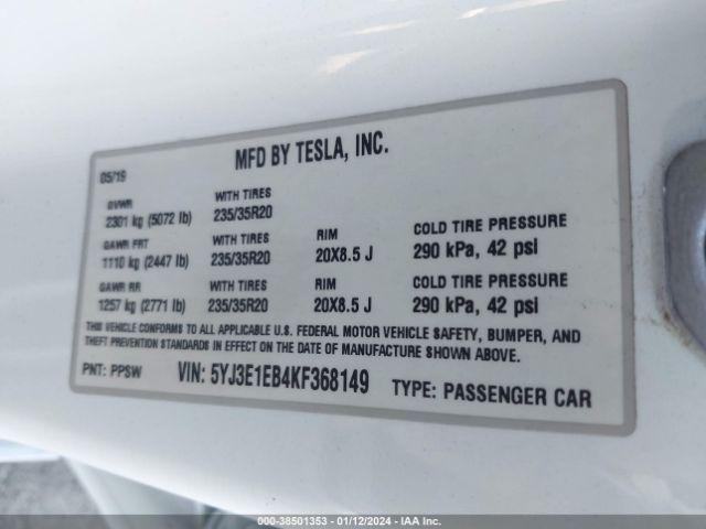 5YJ3E1EB4KF368149 Tesla Model 3 Long Range/performance