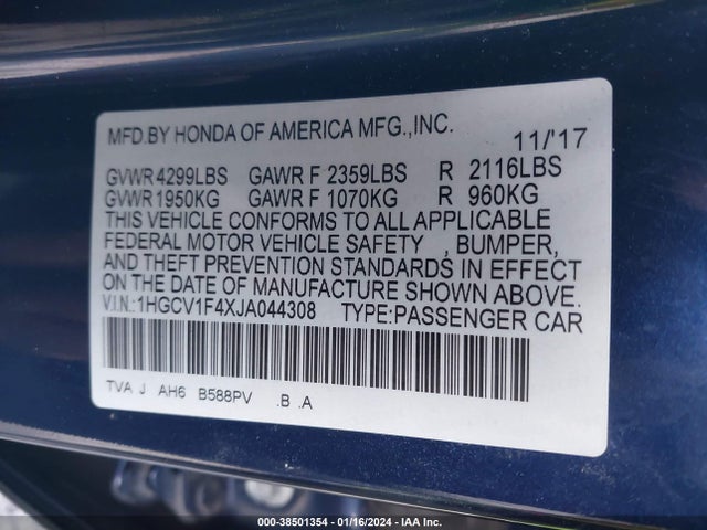Honda ACCORD EX 2018 1HGCV1F4XJA044308 Image 9