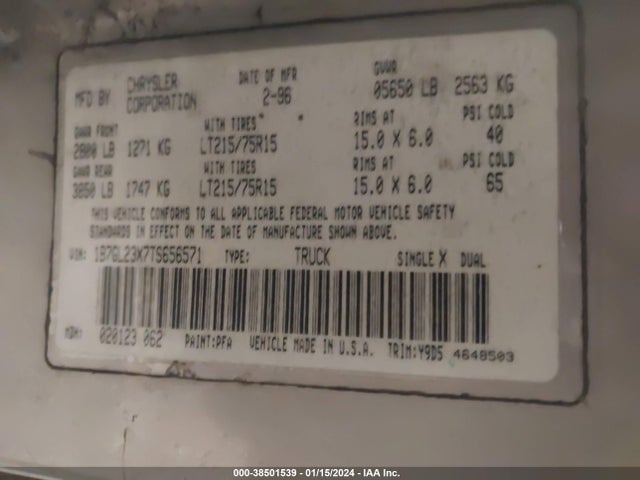 1996 DODGE DAKOTA VIN: 1B7GL23X7TS656571