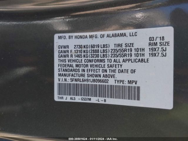 5FNRL6H91JB096602 Honda Odyssey Elite