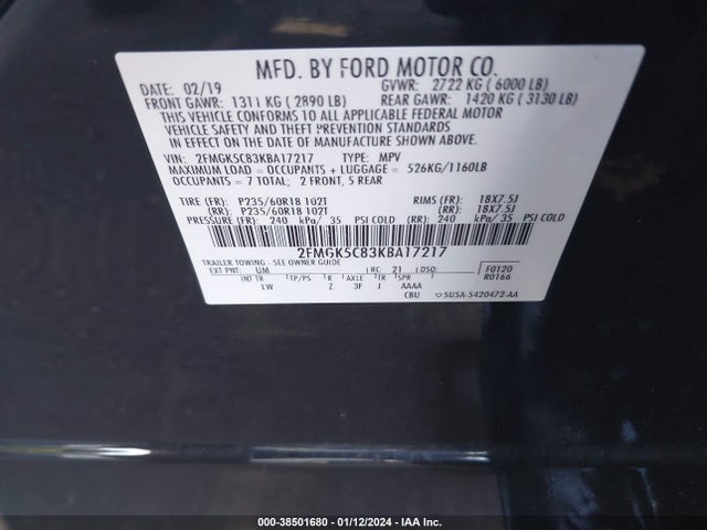 2019 FORD FLEX SEL VIN: 2FMGK5C83KBA17217