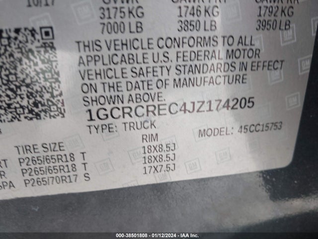 2018 CHEVROLET SILVERADO 1500 1LT VIN: 1GCRCREC4JZ174205