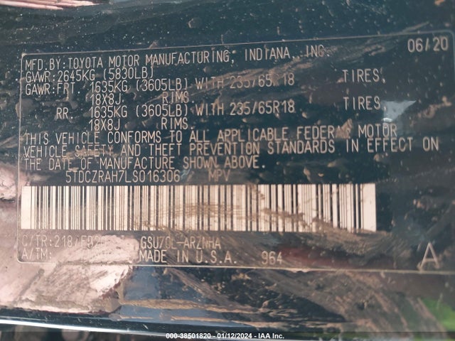 Toyota Highlander L 2020 5TDCZRAH7LS016306 Image 9