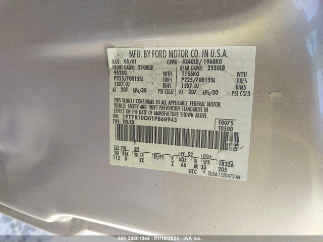 Продажа на аукционе авто 2001 Ford Ranger Xl/xlt/xlt Appearance, vin: 1FTYR10D01PB68943, номер лота: 38501844