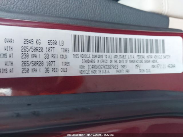 1C4RDHDG7KC827013 Dodge Durango Gt Rwd