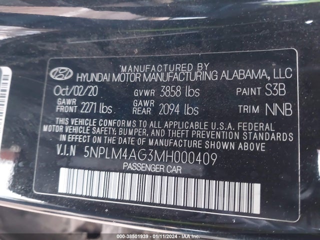 2021 HYUNDAI ELANTRA SEL VIN: 5NPLM4AG3MH000409