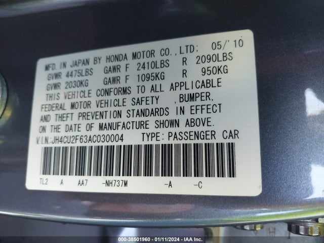 Aukcja sprzedaży 2010 Acura Tsx 2.4, vin: JH4CU2F63AC030004, numer aukcji: 38501960