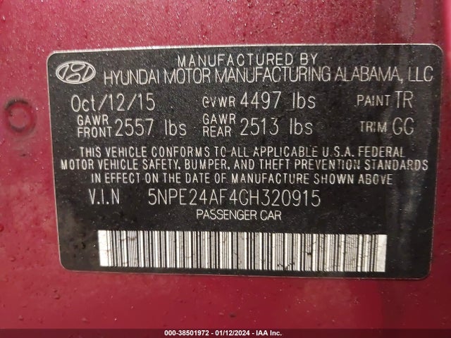 2016 HYUNDAI SONATA SE VIN: 5NPE24AF4GH320915