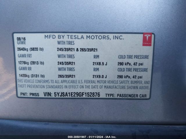 5YJSA1E29GF152876 Tesla Model S 60d/70d/75d/85d/90d