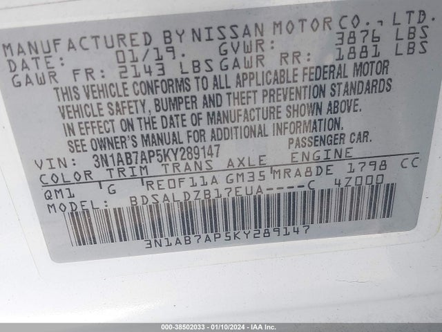 Nissan SENTRA SV 2019 3N1AB7AP5KY289147 Image 9