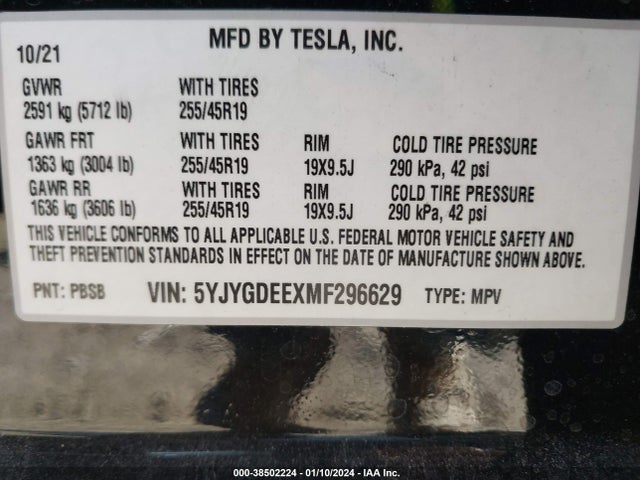 2021 TESLA MODEL Y 5YJYGDEEXMF296629 Photo 8