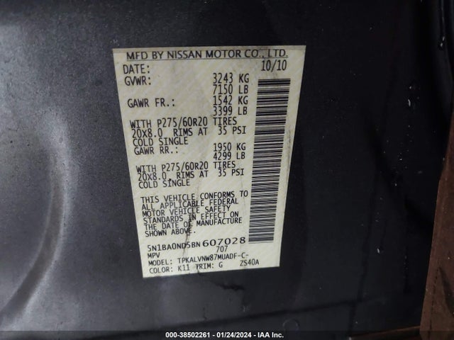 2011 NISSAN ARMADA SL VIN: 5N1BA0ND5BN607028