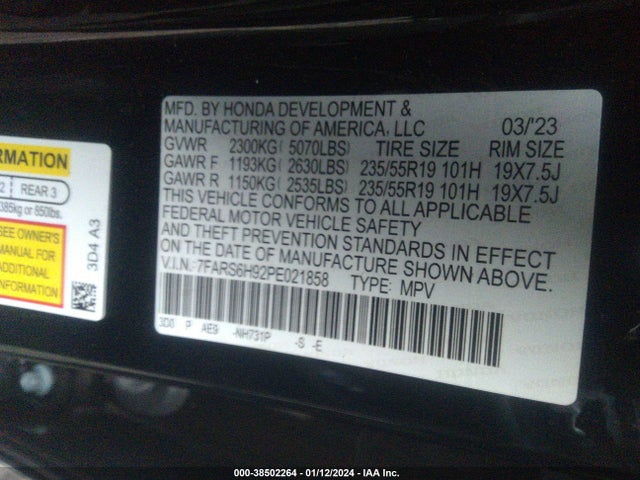 2023 HONDA CR-V HYBRID SPORT TOURING VIN: 7FARS6H92PE021858