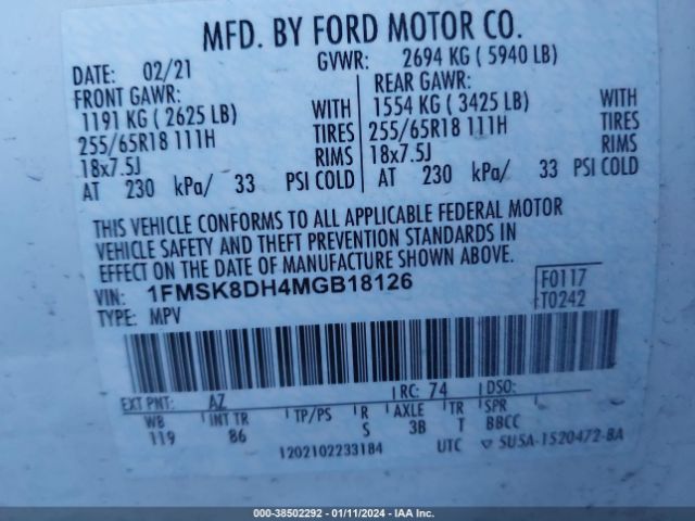 1FMSK8DH4MGB18126 Ford EXPLORER XLT