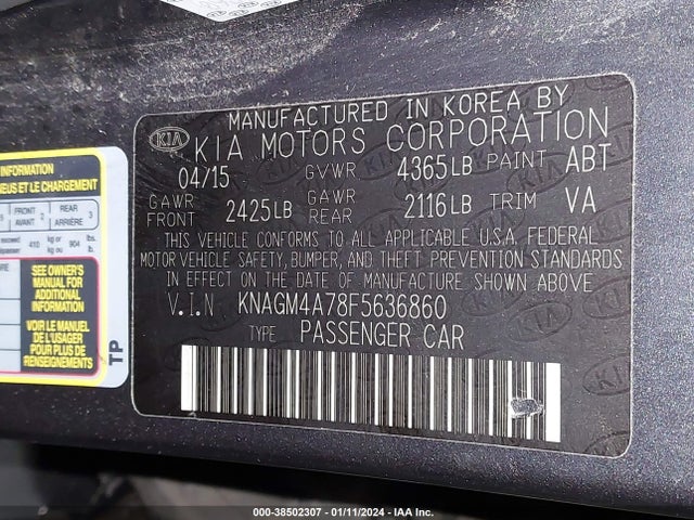 KIA Optima Lx 2015 KNAGM4A78F5636860 Image 9