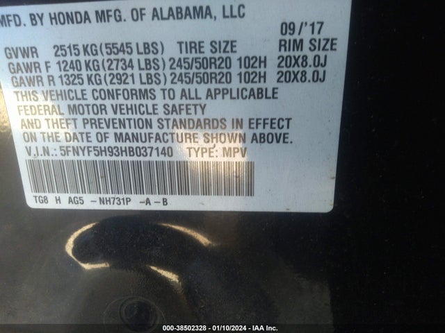 Honda Pilot Touring 2017 5FNYF5H93HB037140 Image 9