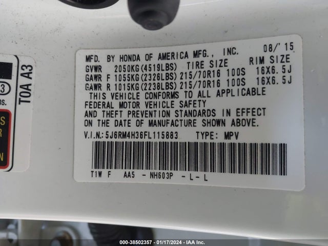 Honda CR-V LX 2015 5J6RM4H36FL115883 Image 9