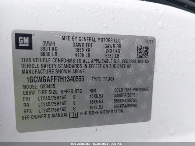 Chevrolet Express 2500 Work Van 2017 1GCWGAFF7H1340355 Image 9