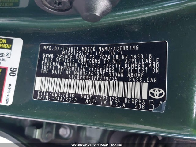 2015 TOYOTA COROLLA LE ECO PLUS VIN: 5YFBPRHE1FP219735