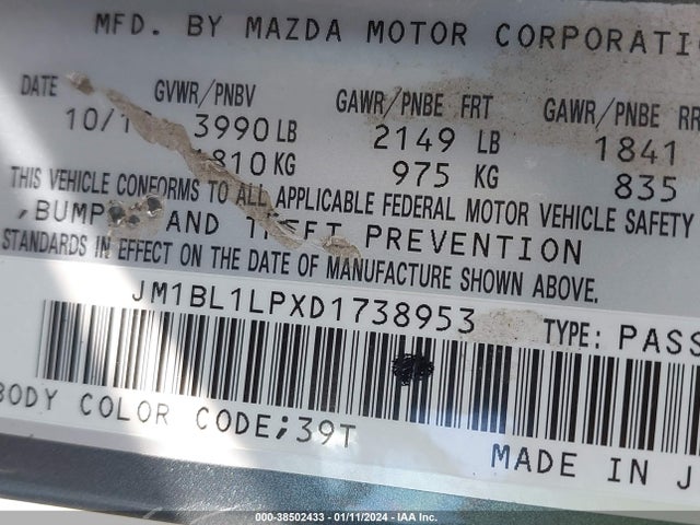 2013 MAZDA MAZDA3 I TOURING VIN: JM1BL1LPXD1738953