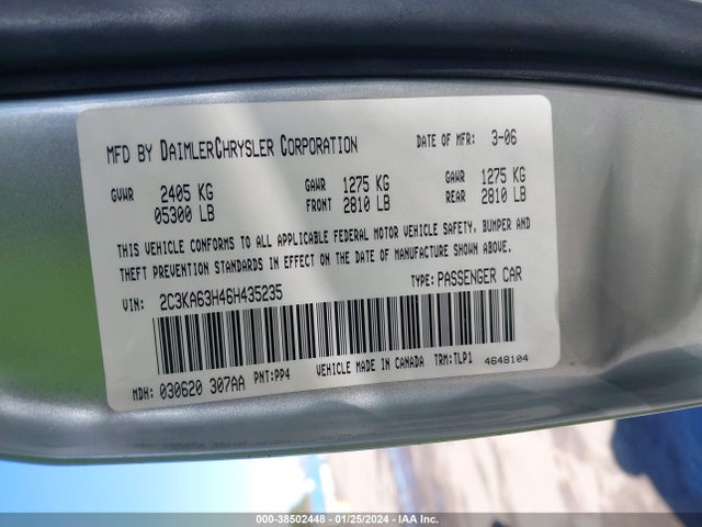 2006 CHRYSLER 300 C VIN: 2C3KA63H46H435235