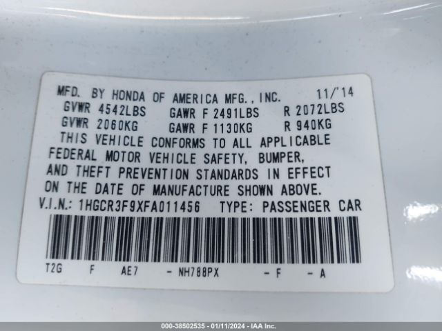 1HGCR3F9XFA011456 Honda Accord Touring