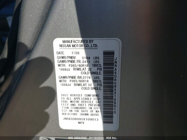 2005 INFINITI FX35 VIN: JNRAS08U95X109013