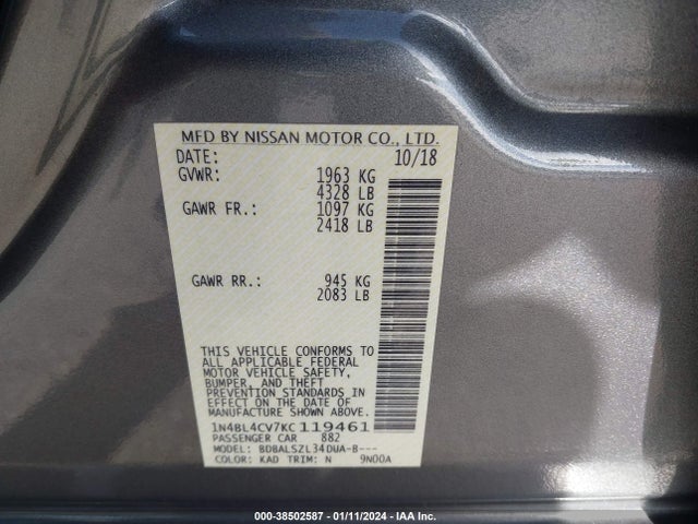 Nissan Altima 2.5 Sr 2019 1N4BL4CV7KC119461 Image 9