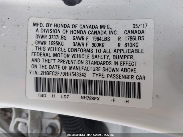Honda CIVIC EX 2017 2HGFC2F79HH543342 Image 9