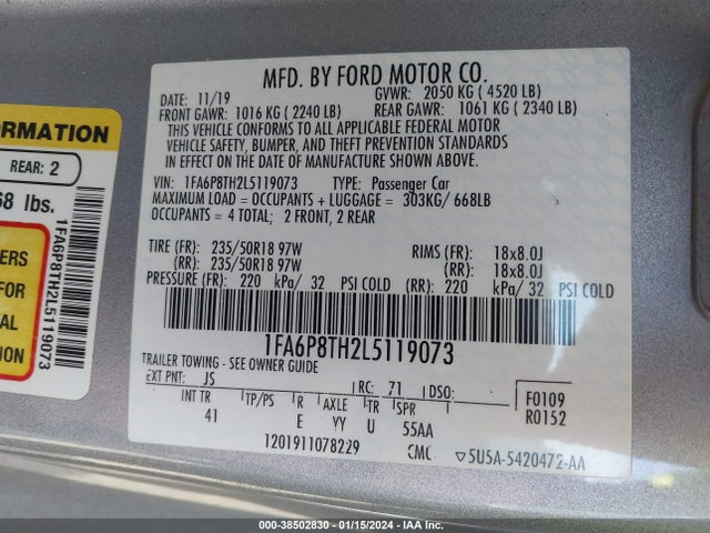 Продаж на аукціоні авто 2020 Ford Mustang Ecoboost Premium Fastback, vin: 1FA6P8TH2L5119073, номер лоту: 38502830