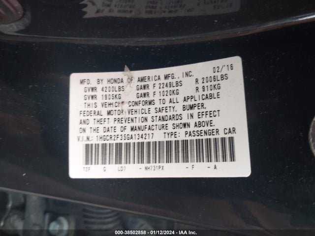 Honda ACCORD LX 2016 1HGCR2F35GA134217 Image 9