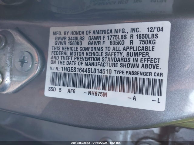 2005 HONDA CIVIC VP VIN: 1HGES16445L014510