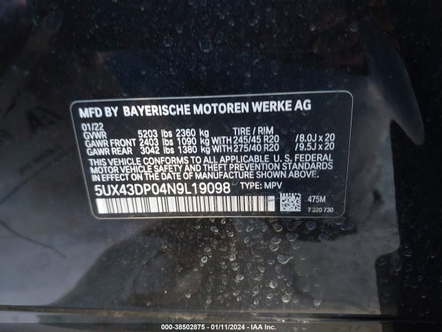 2022 BMW X3 SDRIVE30I VIN: 5UX43DP04N9L19098