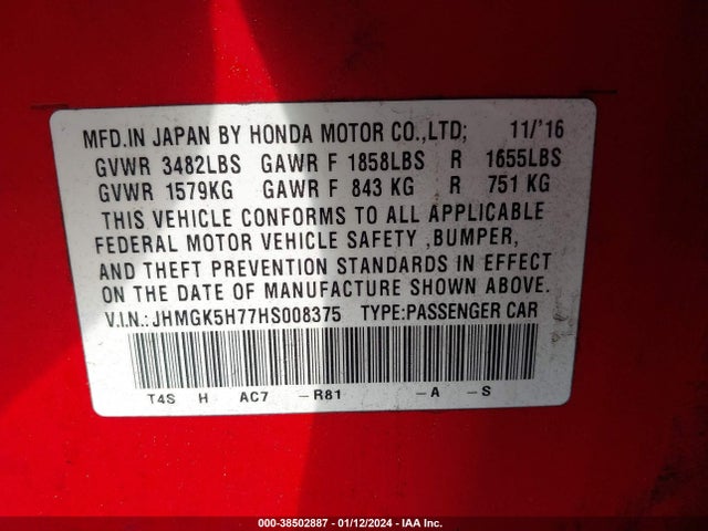 Honda FIT EX 2017 JHMGK5H77HS008375 Image 9