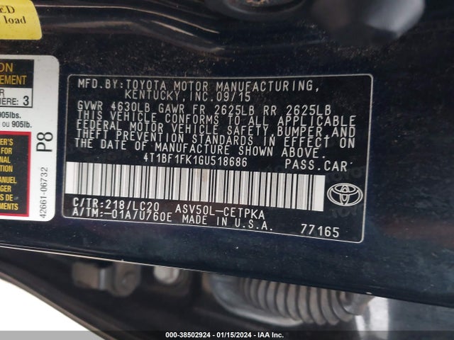 Toyota CAMRY XSE 2016 4T1BF1FK1GU518686 Image 9