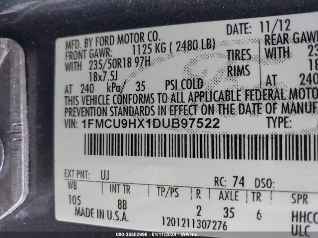 38502998 :رقم المزاد ، 1FMCU9HX1DUB97522 vin ، 2013 Ford Escape Sel مزاد بيع
