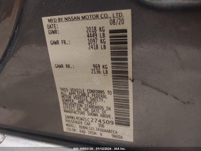 2020 NISSAN ALTIMA SR INTELLIGENT AWD VIN: 1N4BL4CW2LC274509