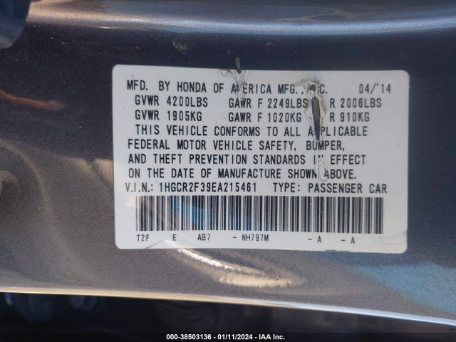 Honda ACCORD LX 2014 1HGCR2F39EA215461 Image 9