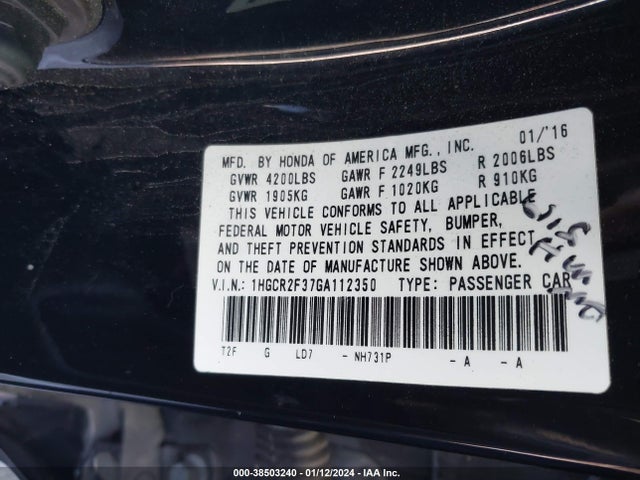 Honda ACCORD LX 2016 1HGCR2F37GA112350 Image 9
