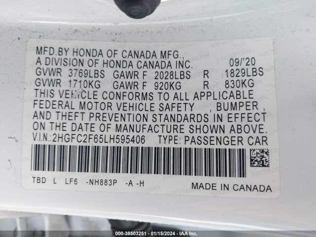 Honda Civic Lx 2020 2HGFC2F65LH595406 Image 9